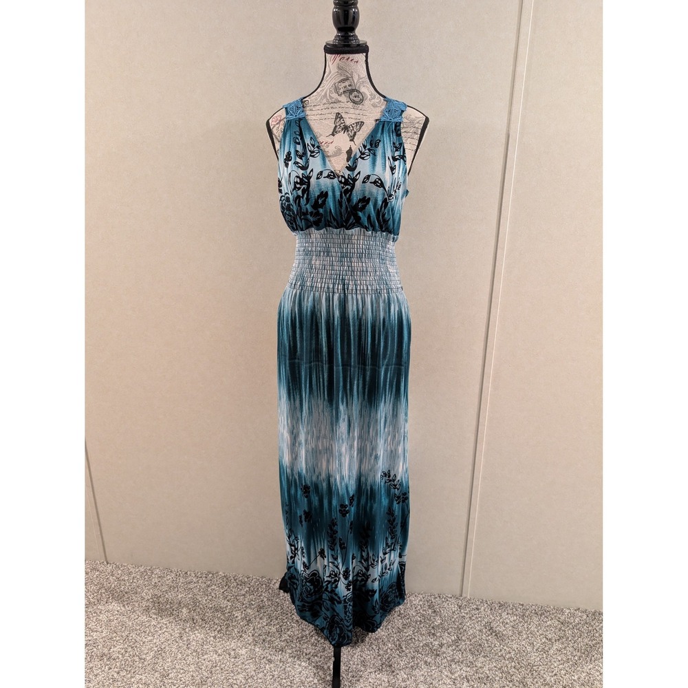 Blue Teal Floral Maxi Dress Crochet Lace Smocked Waist Sleeveless Women's Large